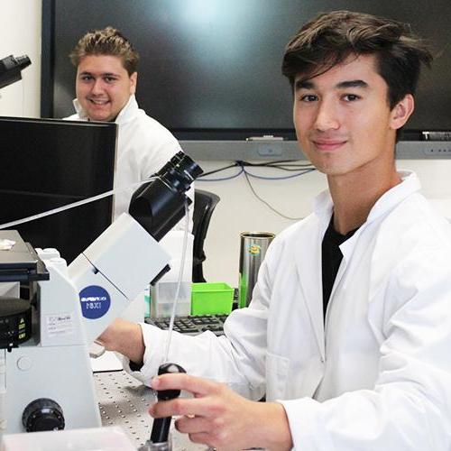 Two students work with microscopes in Dr. 李的实验室.